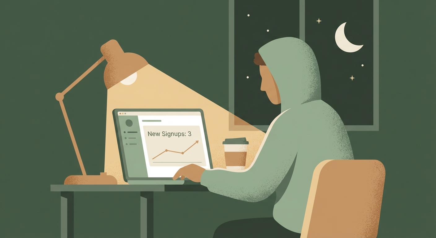 A developer shipping late at night - laptop open, warm desk lamp, a calm moment